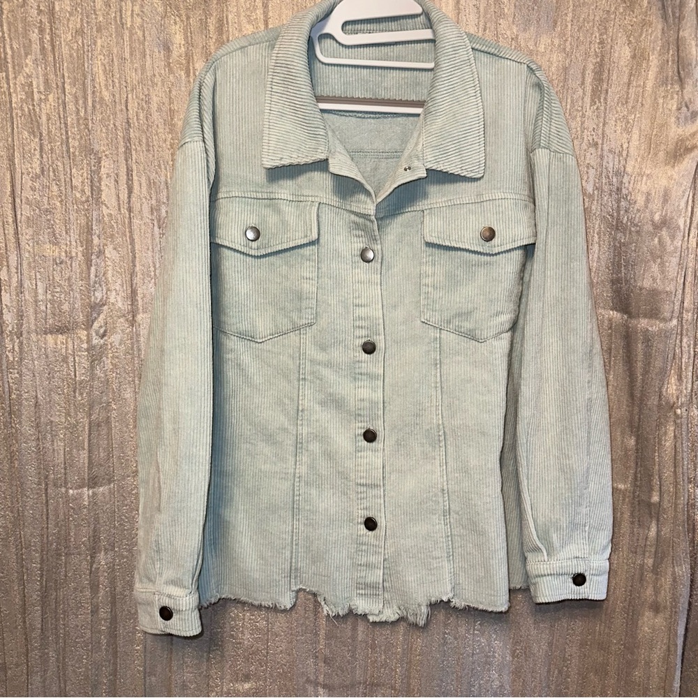 Katy Did Katydid Corduroy Cord Raw Fringe Hem Button Front  {L} Boxy Top